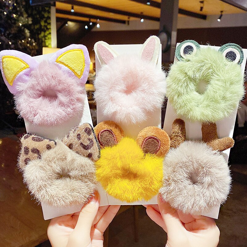 Winter Girls Cute Cartton Animals Ears Plush Scrunchie Ponytail Holder Hair Rubber Bands Headband Hair Accessories