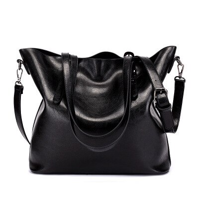 Women Casual Bag Oil wax Women's PU Leather Handbags Hand Bags Female messenger bag Big Tote Sac Bols: Black