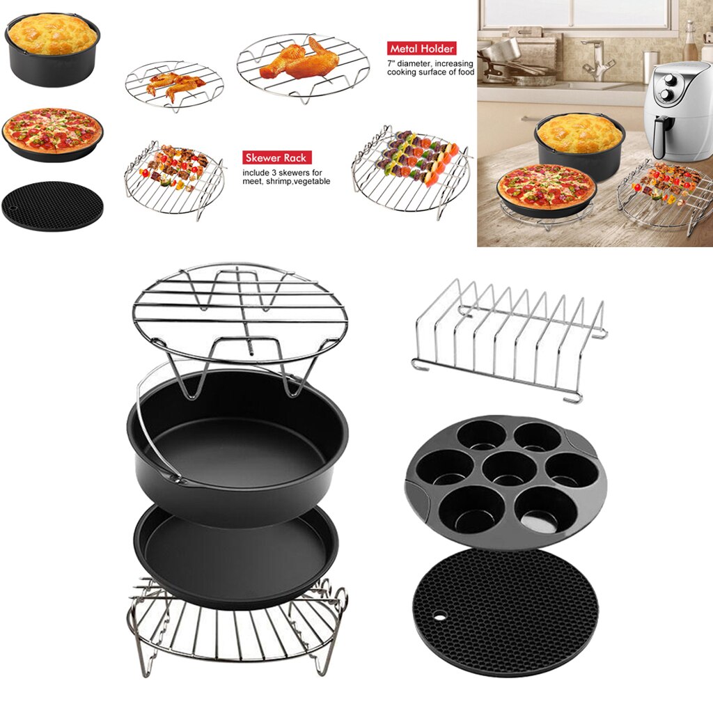 Set Van 7 Lucht Friteuse Accessoires 8Inch, Cake Vat, Pizza Pan, Cakevorm, Rack, siliconen Mat