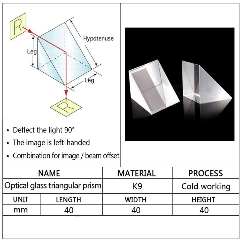 40X40X40MM Haakse Gelijkbenige Prisma 90 Graden Totale Reflectie Prisma Fysieke Experiment Ray Breking Optische Glas