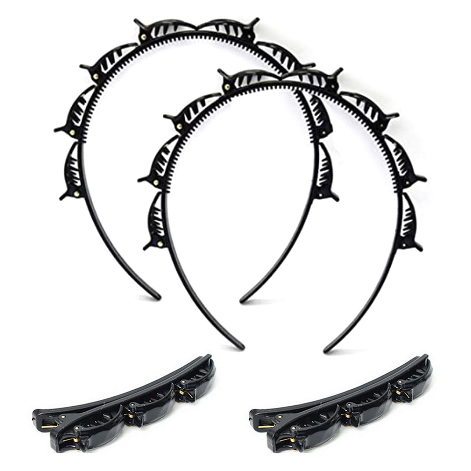 2Stck Doppel Pony Frisur Haarnadel Twist Zopf Haarband Stirnband Haar Band Band + 2Stck Haarspangen für Frauen Mädchen Schwarz: A Stil