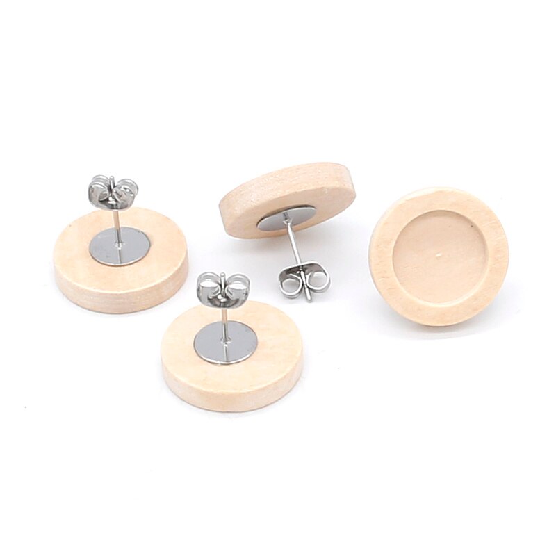 20pcs Blank Hout Cabochon Earring Base Roestvrij Iron Earring Studs (met Ear Plug) Base, fit 12mm Glas Cabochons