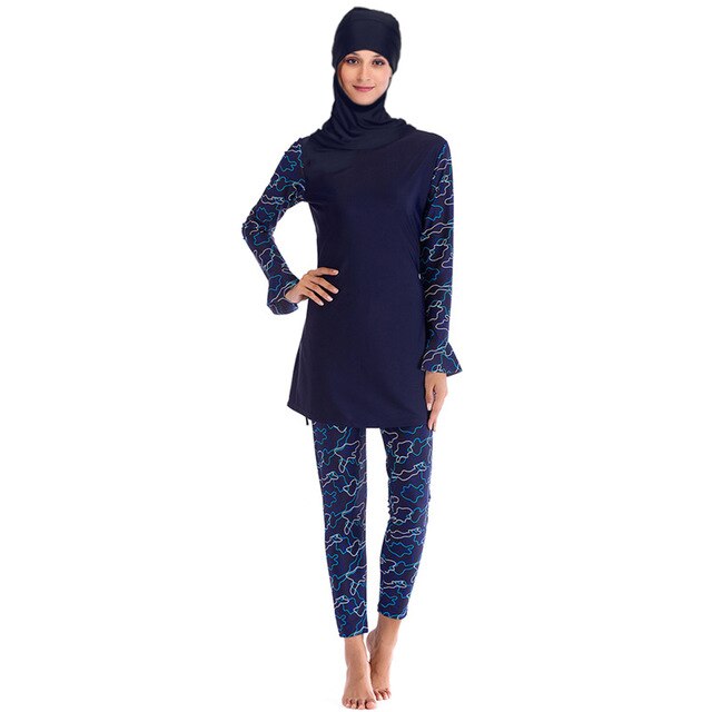 Women Plus Size Muslim Swimwear Modest Full Cover Long Sleeve Swimsuit Islamic Hijab Islam Burkinis Wear Bathing Suit: Navy blue-2 / L