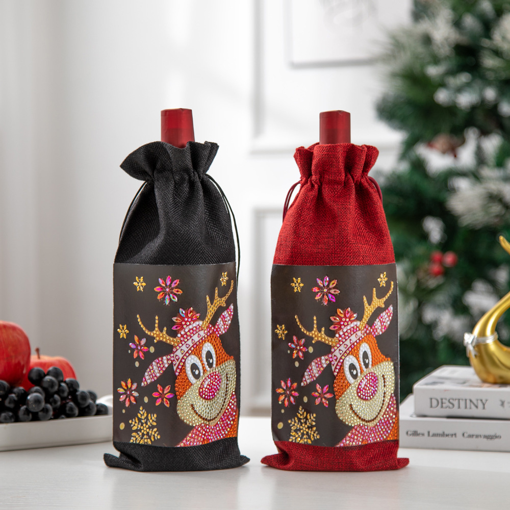 Diy Diamant Schilderen Kerst Wijnfles Zakken Cover Vrolijk Kerstfeest Xmas Wijn Fles Tasje Jaar Tafel Decoratie