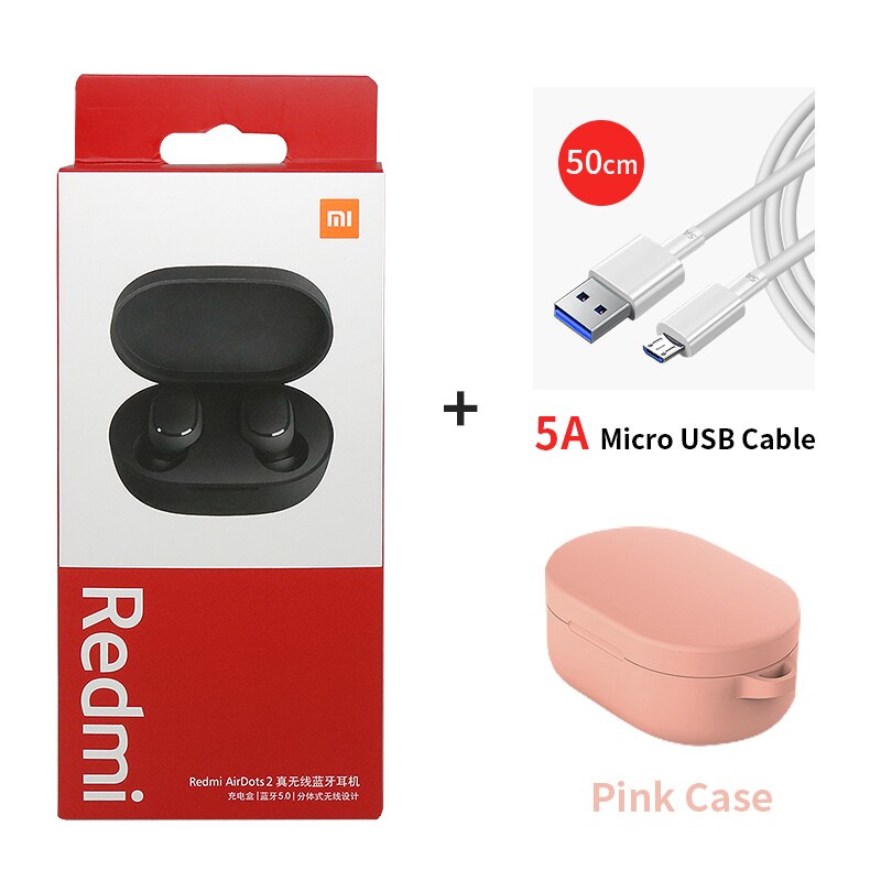 Xiaomi-auriculares inalámbricos Airdots 2 Redmi Airdots S TWS, cascos con Control de voz, Bluetooth 5,0, reducción de ruido y Control táctil: add cable pink case