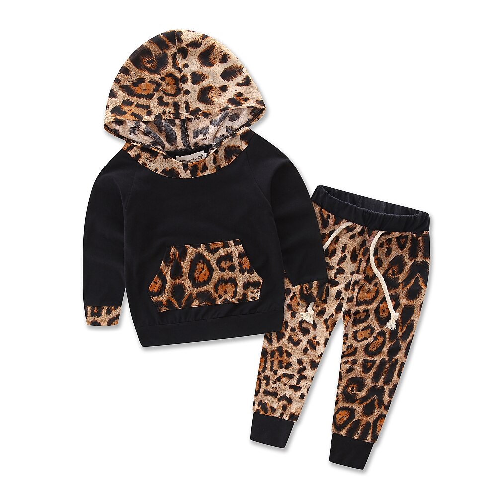 Nueva mezcla de algodón patrón de leopardo 2 uds chico bebé niño niña deportes Pullover con capucha abrigo pantalones conjunto ropa atuendo: 0-6 Months