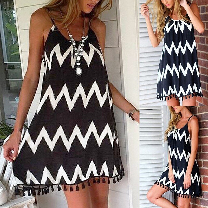 Female Wavy Strip Midi Dress Graceful Braces Shoulder Lady Dress Tassel Hem Summer Chiffon Beach Dress