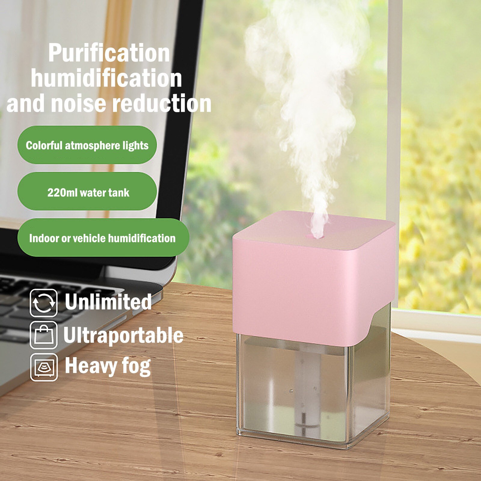 220ml Usb Charging Humidifier Led Night Light Display Home Air Purifier Two Mode Adjuster Air Humidifier For Smart Home: Pink