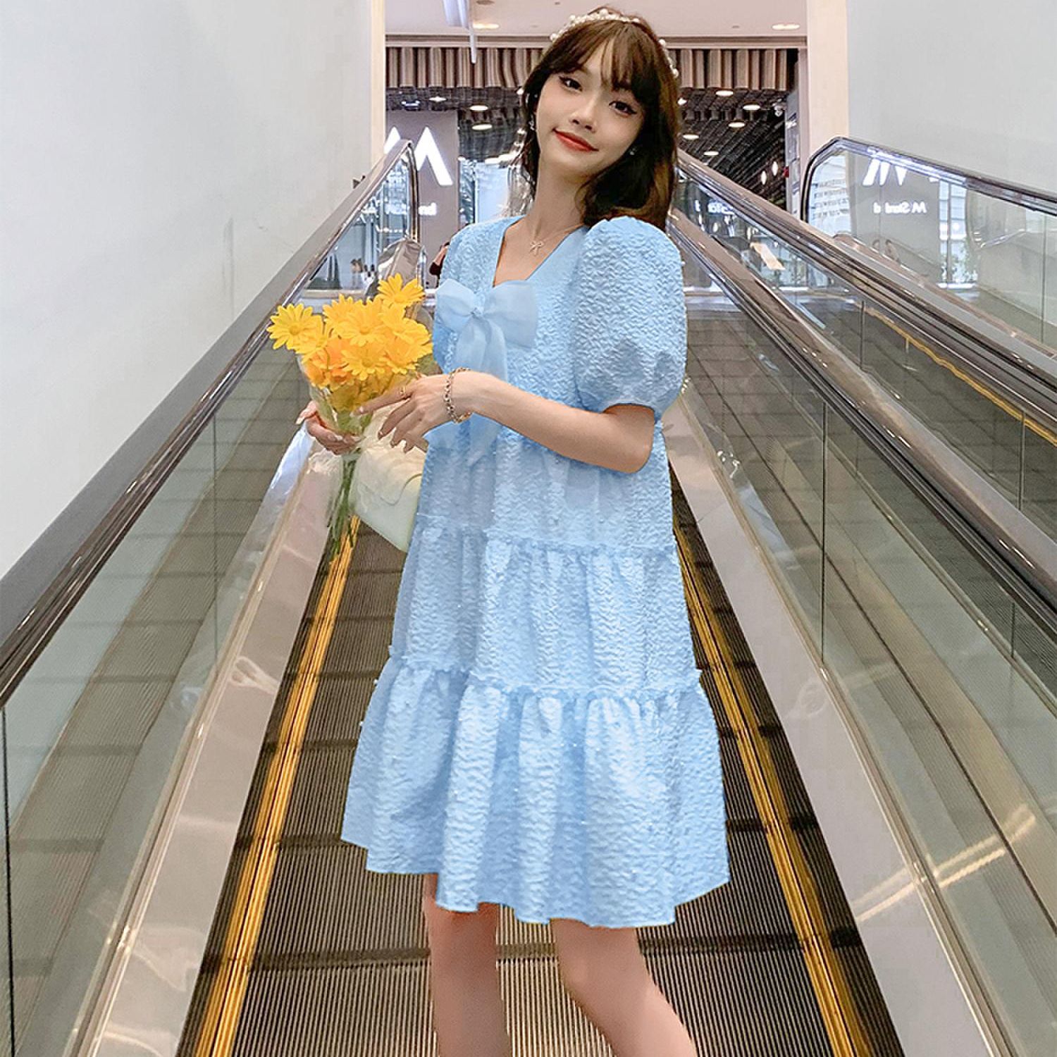 Vestido de estilo francés para mujer embarazada, ropa de maternidad con manga Hubble, Burbuja, cuello en V, Princesa de hadas, lazo, vestido de baile: Blue / XXL