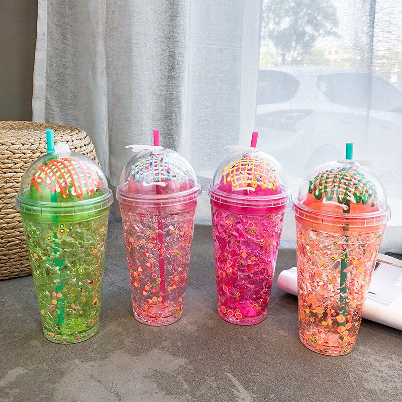 Summer Fruit Ice Cup Double Layer Refrigeration Net Red Straw Plastic Cup Large Capacity Korean Hipster Cup