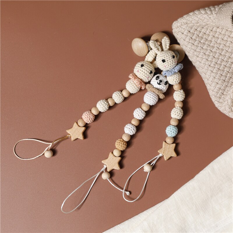 Rabbit Pacifier Chain Baby Teething Crochet panda Soother Holder Baby Teether Animal Newborn Baby Dummy Clips