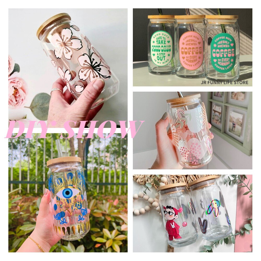 Transparent Can shape Glass Cups with Bamboo lid and straw Ice Coffee cup Glass tumblers High boron Beer Can glass Drinkware