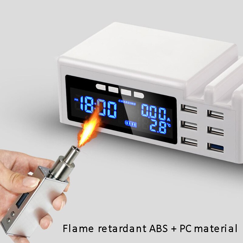 Usb-lader 6 -poorts met tijd-temperatuurweergave usb-laadstation, dock, universele mobiele telefoon, desktop, wandcontactdoos, eu-stekker