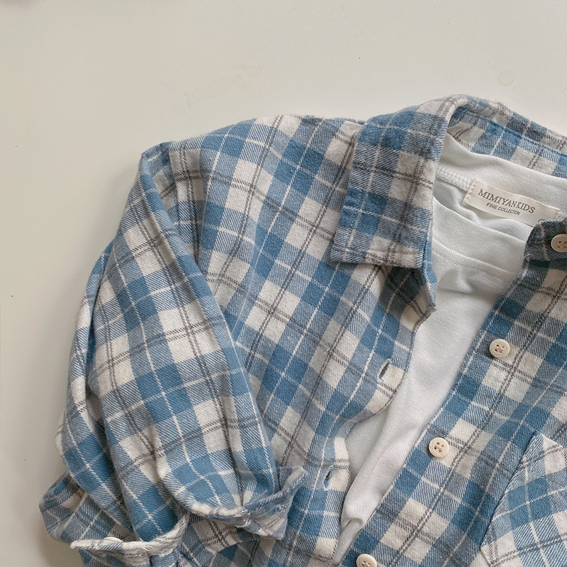 Camicia per bambini 2021 autunno coreano nuovi bambini indossano camicia casual reticolare blu per ragazzi e ragazze