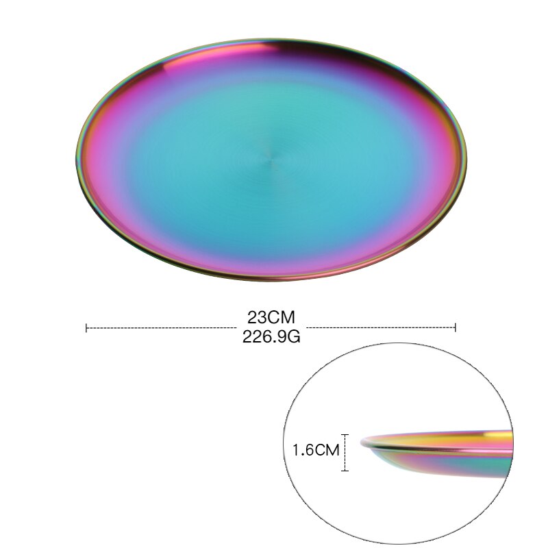 4Colors Stainless Steel Tableware Dinner Plate Food Container Salad Dessert Fruit Services Dish Western Steak Round Dessert Tray: 1rainbow