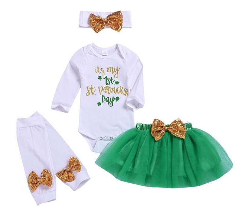 Ropa para niñas recién nacidas mi primer día de San Patricio, ropa para niñas, trébol, mameluco, niñas falda tutú, conjunto: A / 3M