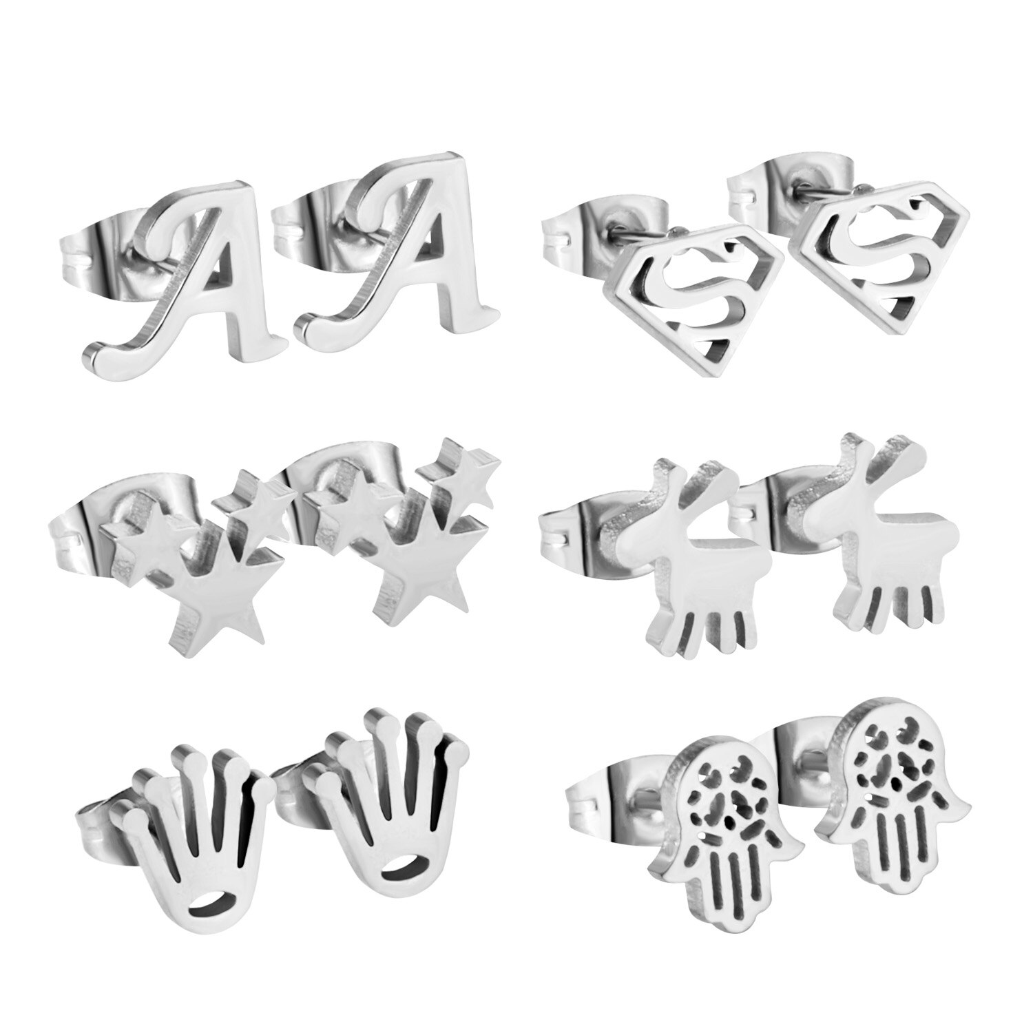 LUXUSTEEL Earring Sets 6 Pairs Gold Color Letter/Star/Hand/Animals Shape Stud Earring Sets For Women/Girl Female: silver