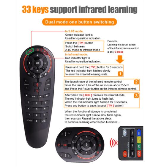 more 1m G30 voice air mouse Remote control 2.4G wifi with 33 buttons ir learning function and Gyroscope