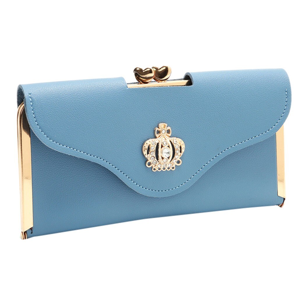 Clutch Bag Crown Diamond Mobile Phone Bag Ladies Long Evening Purse Vintage Women Leather Wallet Pocket Credit Card: Blue