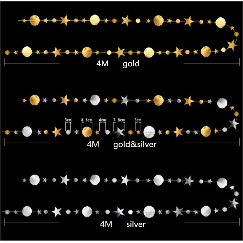 Guirnalda circular de Estrella de oro y plata de 4m para decoración de fiestas guirnaldas de papel decoración para boda cumpleaños decoración para dormitorio infantil, suministros