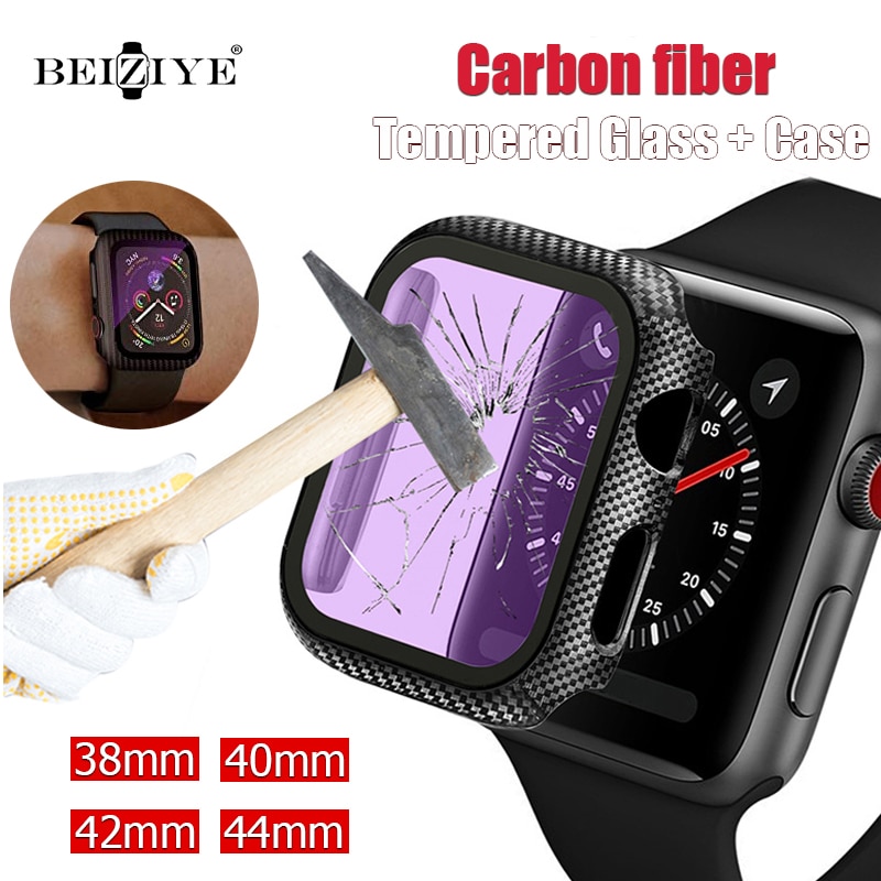 Glas + Cover Voor Apple Horloge Case Iwatch 38Mm 42Mm Carbon Fiber Bumper + Screen Protector Voor Apple horloge Serie 6 5 4 3 44Mm 40Mm