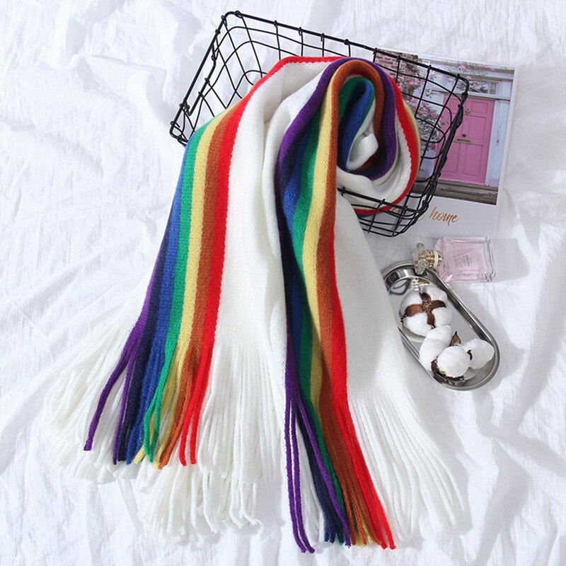 Chal bufanda de gran tamaño a rayas LGBT arco iris para mujer con borlas envolturas de Manta abrigadas de invierno 190*40cm: WT