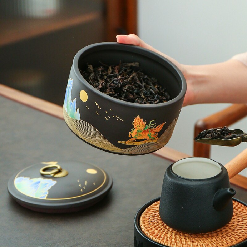 Hand Geschilderde Landschap Schilderen Paarse Klei Thee Caddy Opslagtank Reizen Theezakje Verzegeld Thee Pot Koffie Organizer Bus