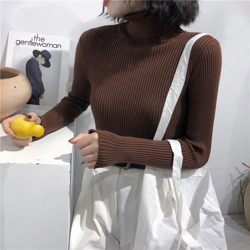 Pull épais pour femmes, Pull tricoté côtelé, Pull à manches longues, col roulé, Pull Slim et pour femmes, collection automne et hiver: Marron