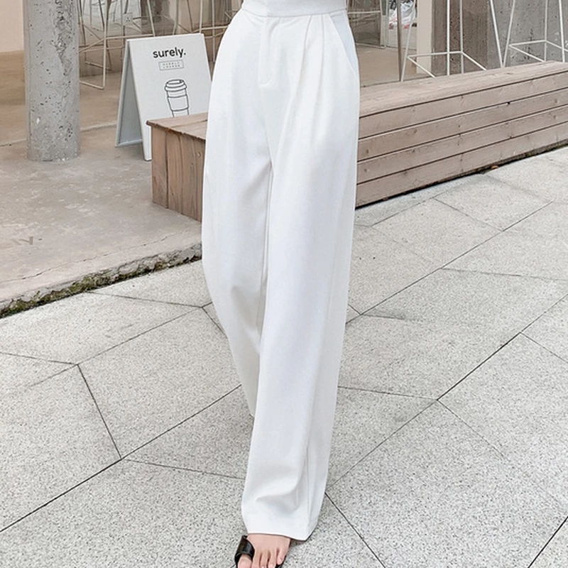 2021 pantaloni a gamba larga dritti selvatici retrò in tinta unita primavera femminile nuova moda coreana pantaloni lunghi Casual a vita alta