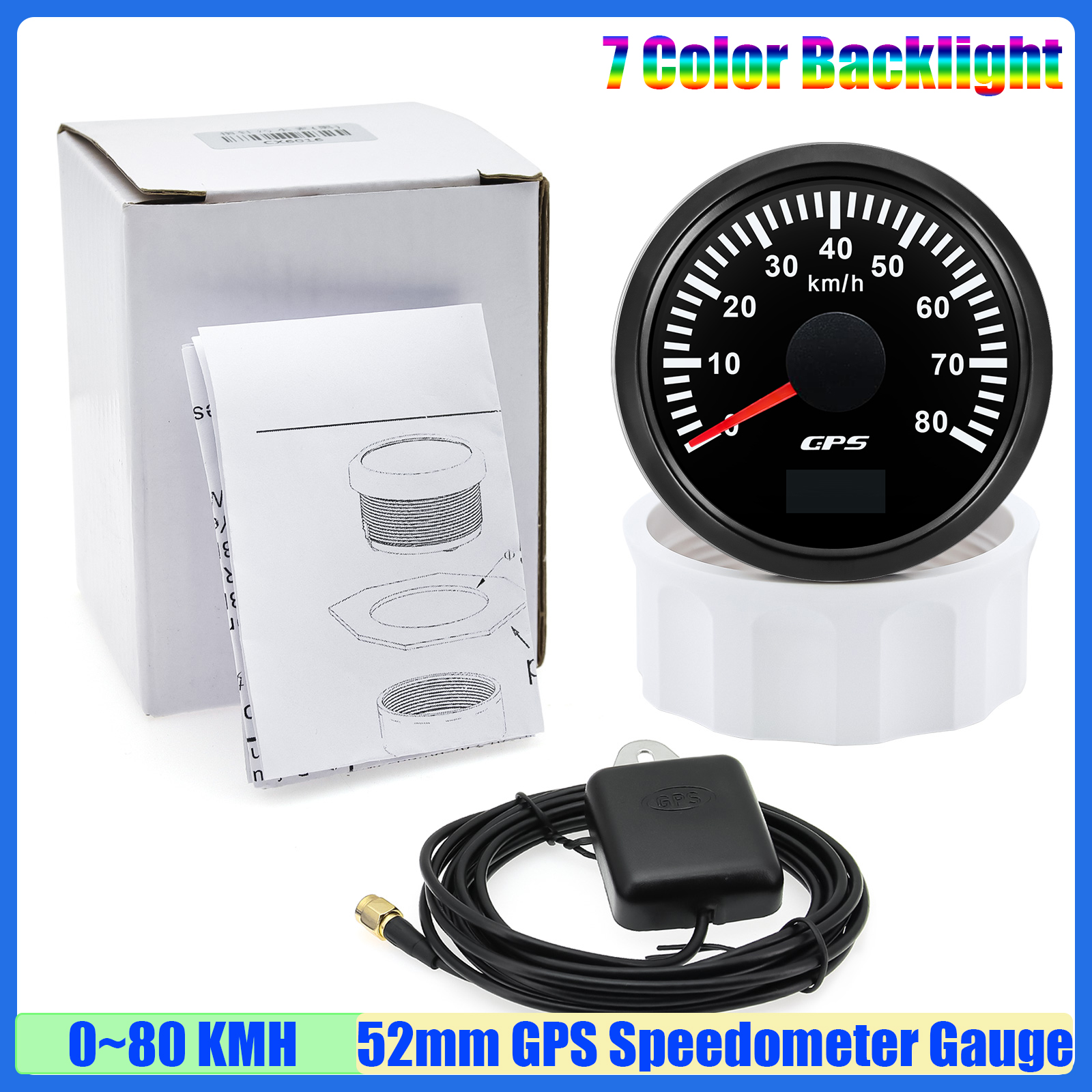 30 km/t 60 km/t 80 km/t 120 km 200 t gps-speedometer med antenne 7- farvet led-hastighedsmåler kilometertæller auto bil båd 12 v 24v brugerdefineret: Orange
