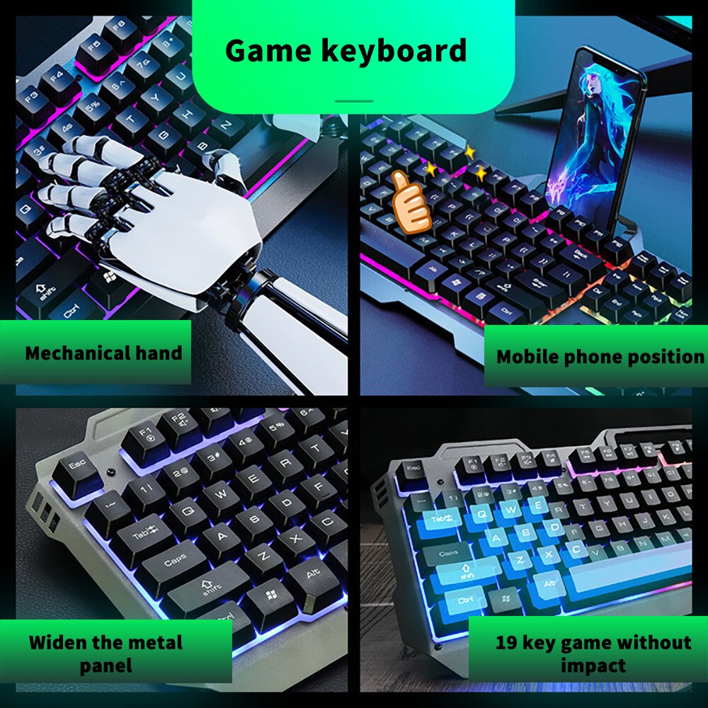 Teclado para videojuegos, ratón con luz de fondo con cable, sensación mecánica, Kit de Gamer silencioso de 3200DPI, juego de ratón para juegos para PC y portátil