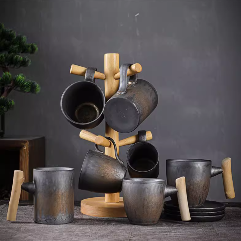 Tasse à café en céramique, glaçage rouille en céramique grossière rétro créative, tasse à café au lait avec manche en bois, service à thé, tasse d'eau domestique