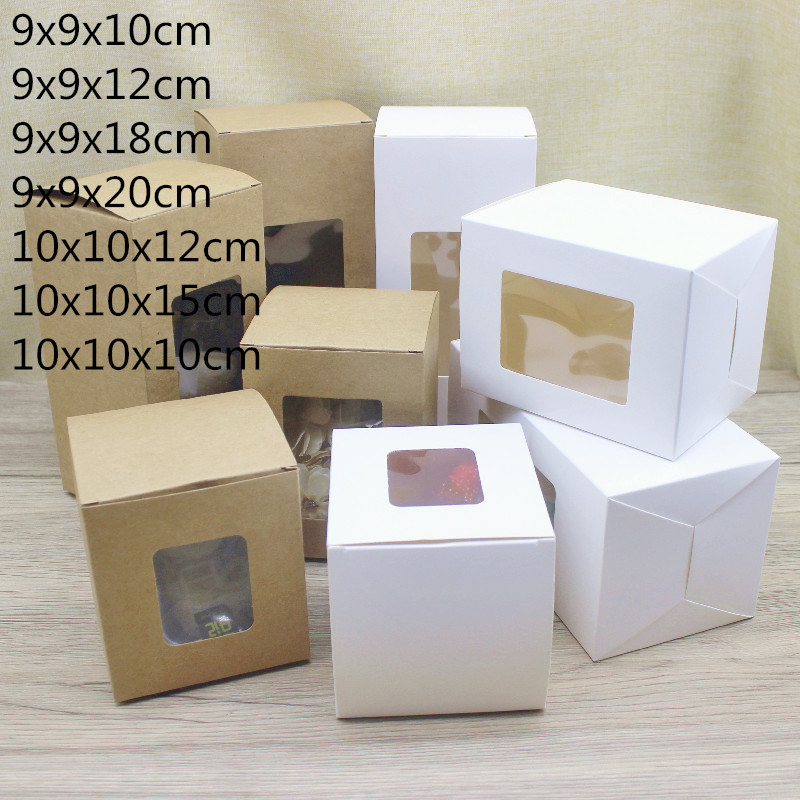 10 Stuks Diy Vintage Kraft Papieren Dozen, Witte Grote Raam Papier Geschenkdozen, Cake Verpakking Dozen, Kerst Geschenkdozen