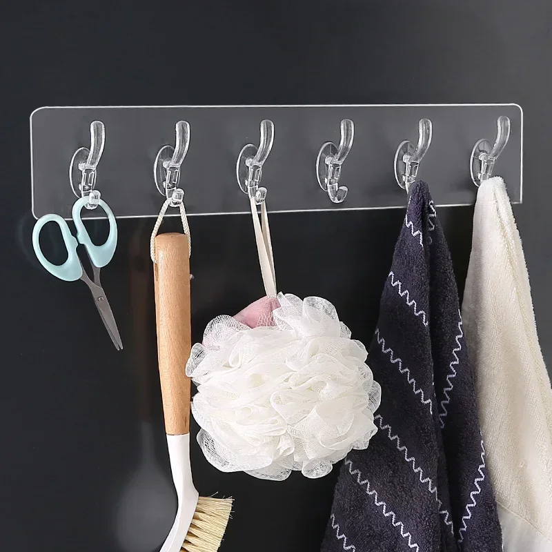 Transparent Plastic Coat Hooks Kitchen Bathroom Six Rows Hooks Punch Free Wall Hook Bathroom Towel Rack Accessories