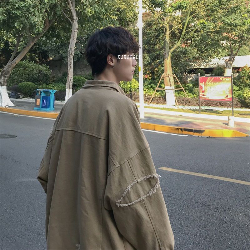 Herfst gescheurde spijkerjas heren casual retro gescheurde spijkerjassen heren streetwear losse hiphop bomberjack heren m -2xl: Khaki / Xxl