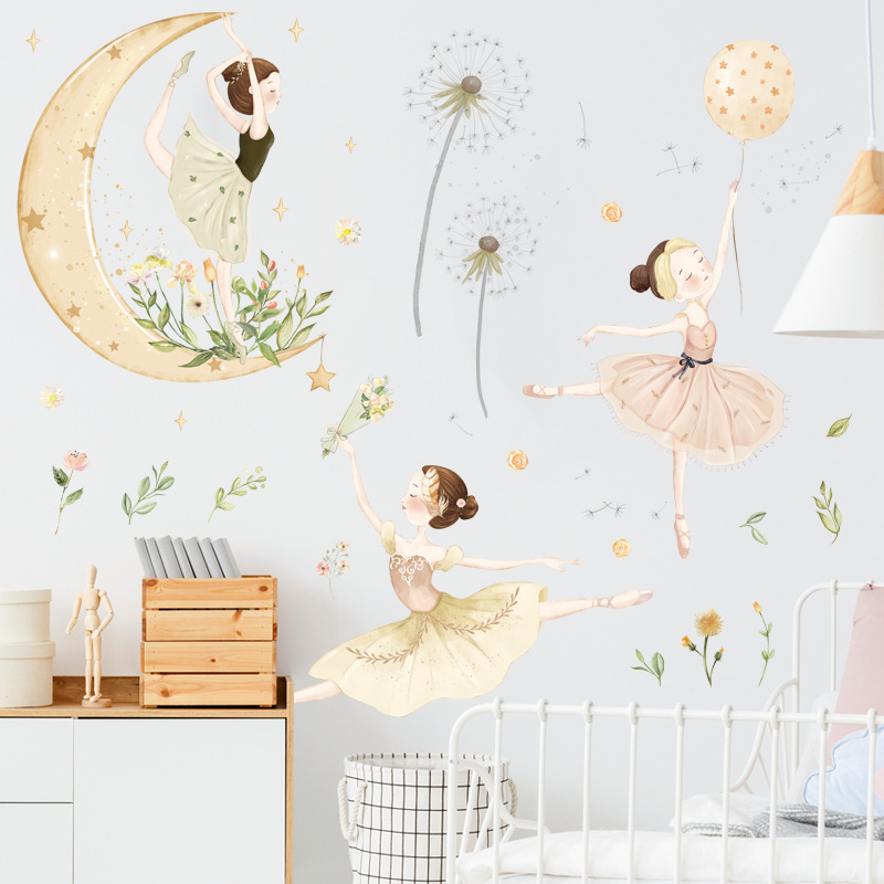 Pegatinas de pared para el hogar, calcomanías de decoración de sala de estar, Mural, Luna, estrella, baile, niñas, papel tapiz de vinilo autoadhesivo extraíble DIY