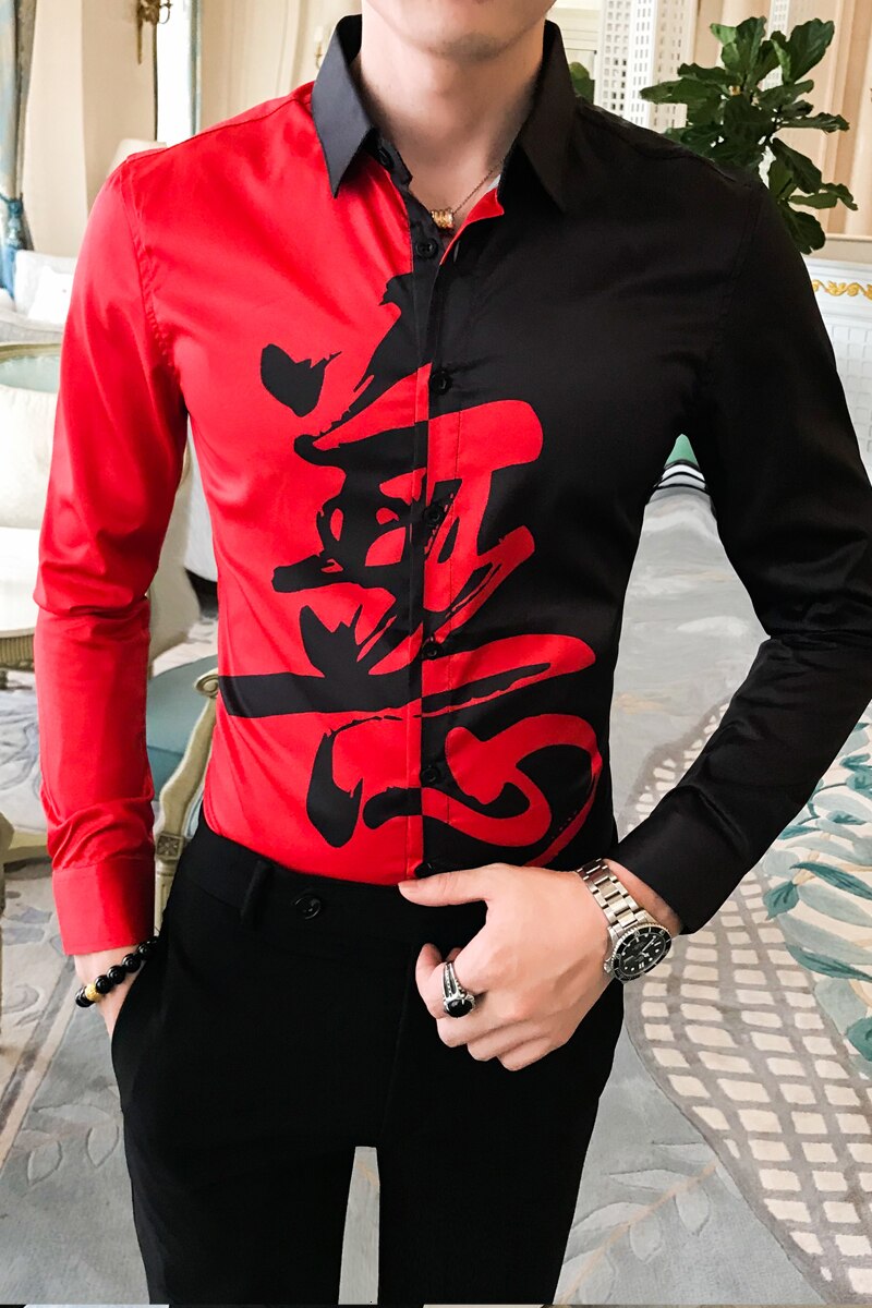 Casual skjorter slim fit festtøj bluse mænd efterår mænd skjorte patchwork farve streetwear skjorter mænd langærmede herre