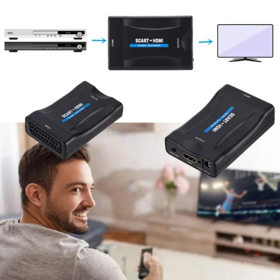 YIGETOHDE 1080P SCART naar HDMI-compatibele Video Audio Upscale Converter Adapter voor HD TV DVD Sky Box STB Plug en Play DC-kabel