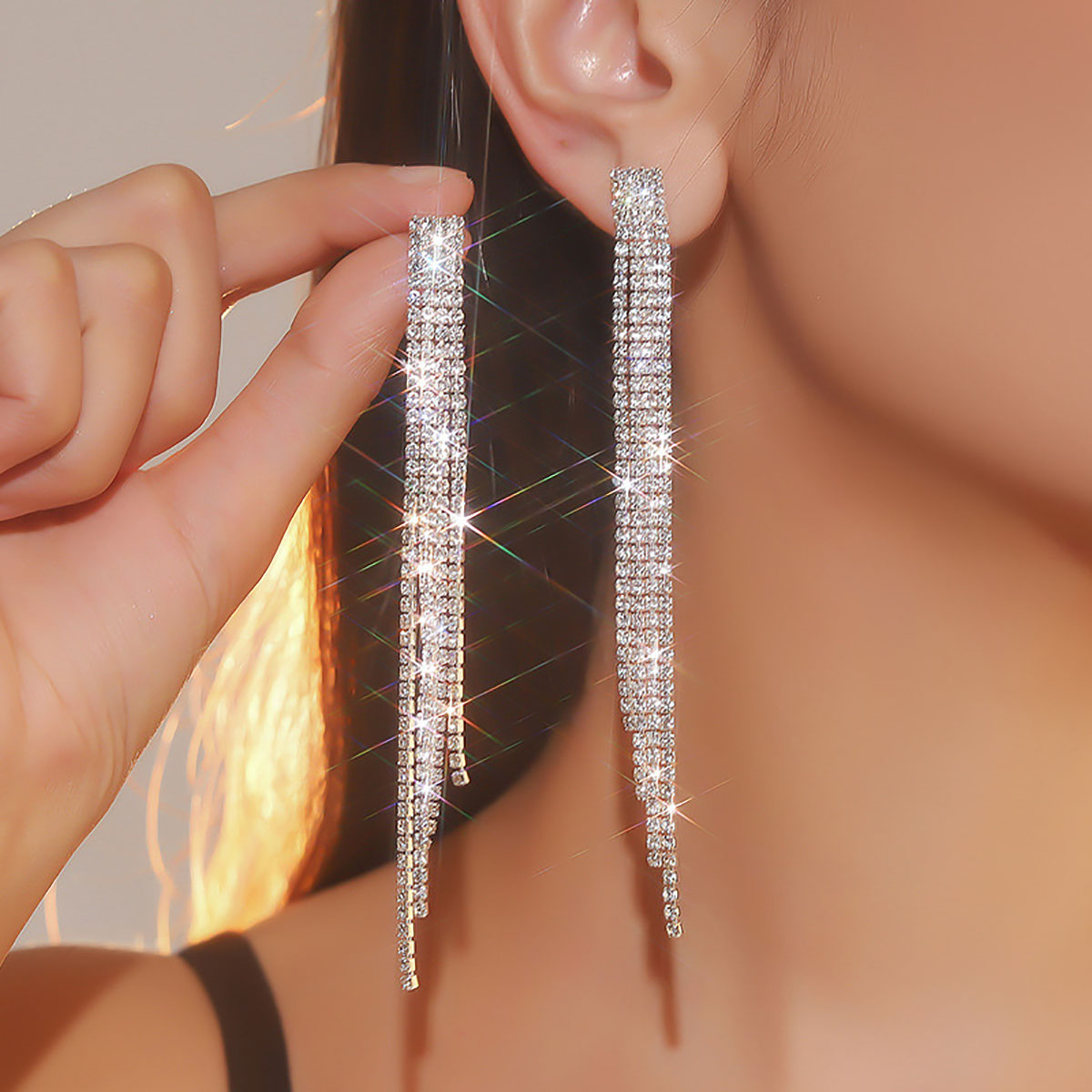 Treazy-Strass cristal borla brincos longos para mulheres, brincos pendurados pendurados, festa de casamento, brincos nupciais, brilhantes, 4 linhas: Bronze