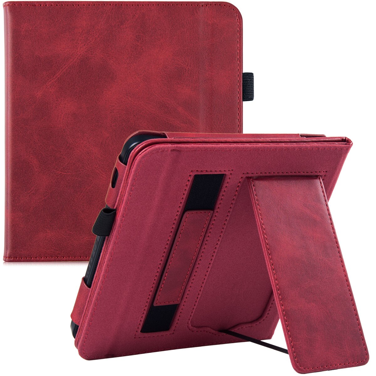 Stand Case voor Kobo Libra 2 eReader uitgebracht, model N418) - Premium PU-lederen hoes met draagriem/Auto Sleep/Wake: Wine Red