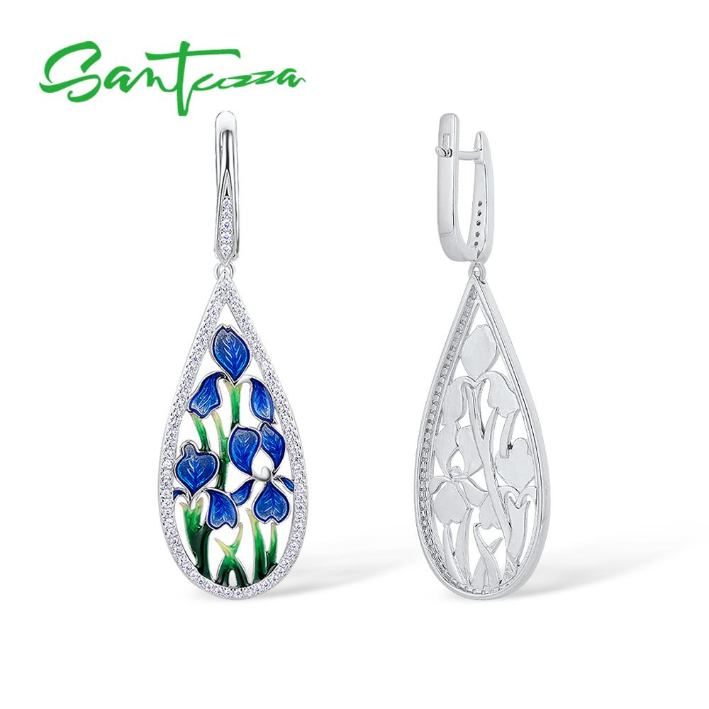 SANTUZZA Zilveren Bloem Oorbellen Voor Vrouwen 925 Sterling Zilver Dangle Blauw Bloemblaadje Oorbellen Zilveren Glanzende CZ Sieraden Handgemaakte Emaille