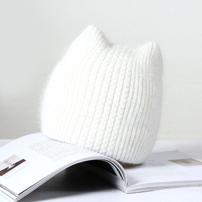 Bonnet en fourrure de lapin pour femmes, couleur unie, oreilles de chat, doux, à la , pour l&#39;extérieur, garde au , hiver: White