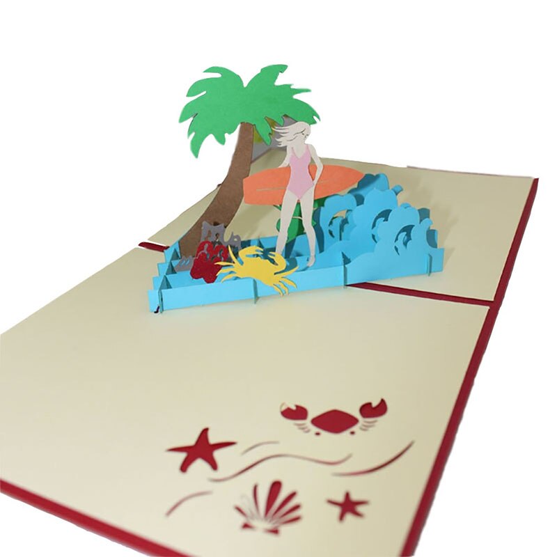 Creux rouge couverture carte de voeux gravure papier-découpé garçon fille Surf pliable carte anniversaire carte fête Invitation carte