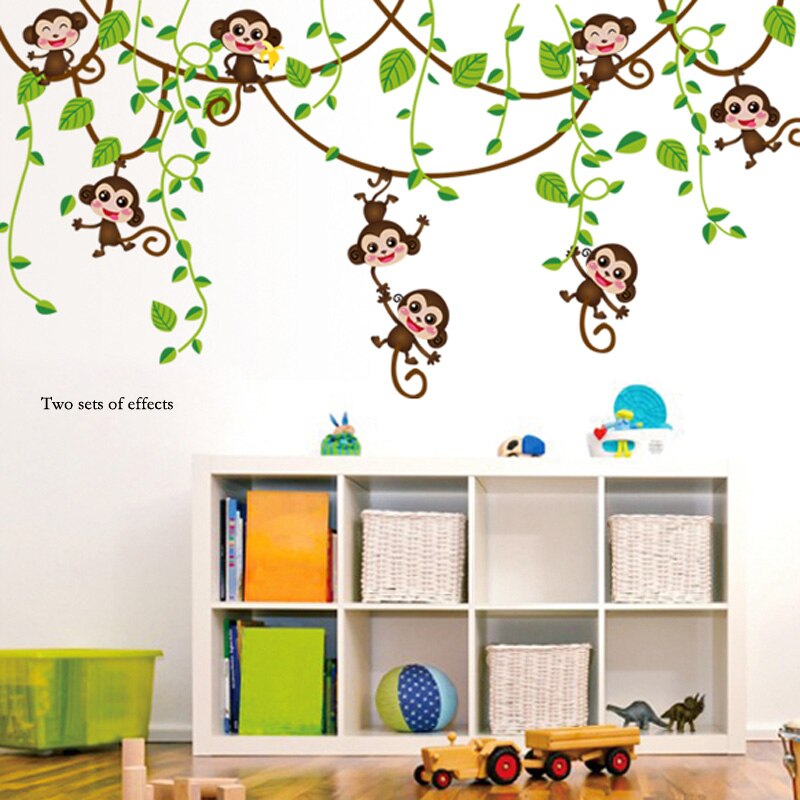 Pegatinas de pared de mini monos para habitación de niños, calcomanías de Arte de vinilo 3D, animales, plantas, pegatina de papel pintado dormitorio, guardería, decoración del hogar