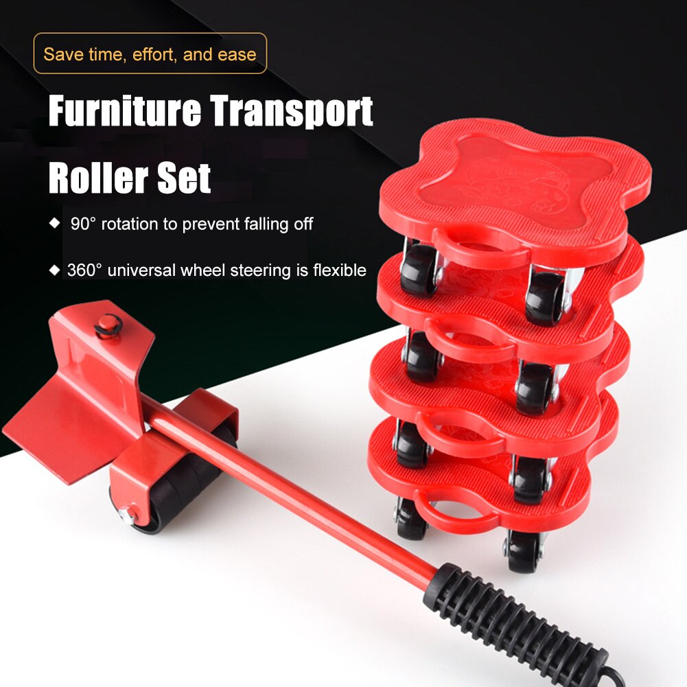 5pcs Heavy Object Handling Tool Set Mover Roller Wheel Bar Mover Device Furniture Moving Transport Lifter Hand Tools Dropshippin