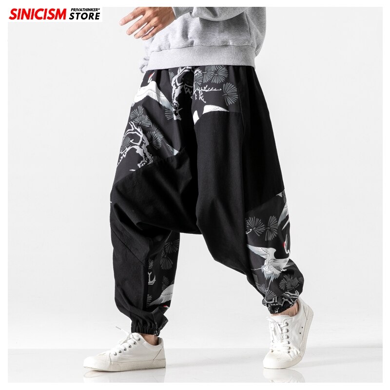 MrGoldenBowl Store-pantalones bombachos holgados para hombre, ropa tradicional informal, de algodón con estampado de grulla, a la , otoño, 2022