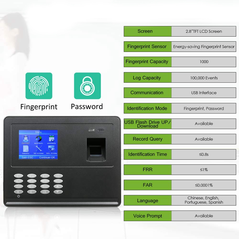 Us Plug, H2 Intelligente Biologische Vingerafdruk Wachtwoord Aanwezigheid Machine Werknemer Sign-In Recorder