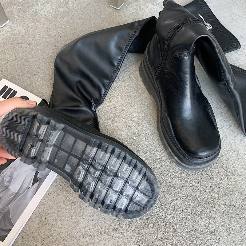 Femmes Stretch tissu cuir cuissardes décontracté sur le genou bottes femmes plate-forme Punk bottes noir bottes femmes