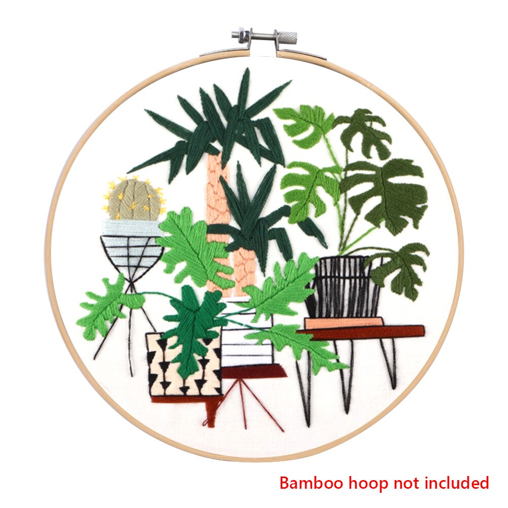 Embroidery Kit Beginner DIY Stampe Starter Plants Pattern Cloth Color Threads Tools Craft Round Cross Stitch Sewing Craft Kit: 014