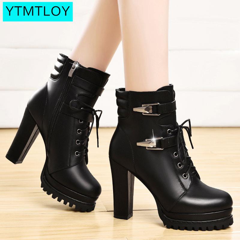 Ankle Boots Women Platform High Heels Female Lace Up Women's Shoes Buckle Woman Short Boot Ladies Footwear Leather Boots Women